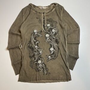 Vintage Y2K Skull Beddazled Rhinestones Henley Thermal Longlseeve Large Grunge